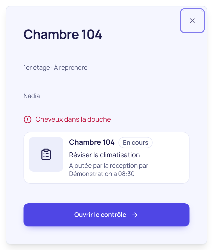 La fiche réelle d’une chambre fictive dans Pristi : affectation, avancement et signalements.