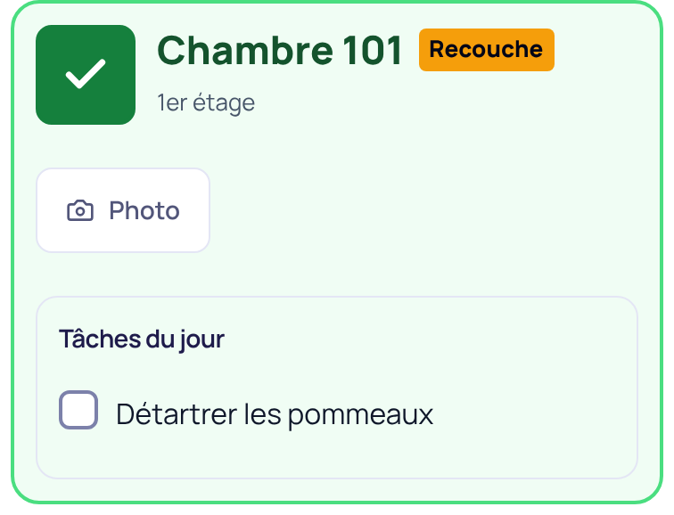 La vraie feuille téléphone de Pristi : chambres attribuées, consignes et tâches sur des données fictives.